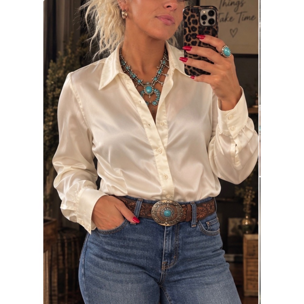 A. Byer Button Down Blouse Small Cream Satin Finish Vintage Made in USA
